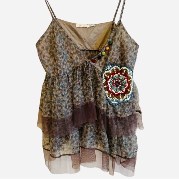 Y2K Babydoll Top Womens 10 Medium Mesh Embroidered Tank Cami Boho Fairy Festival - Picture 1 of 16